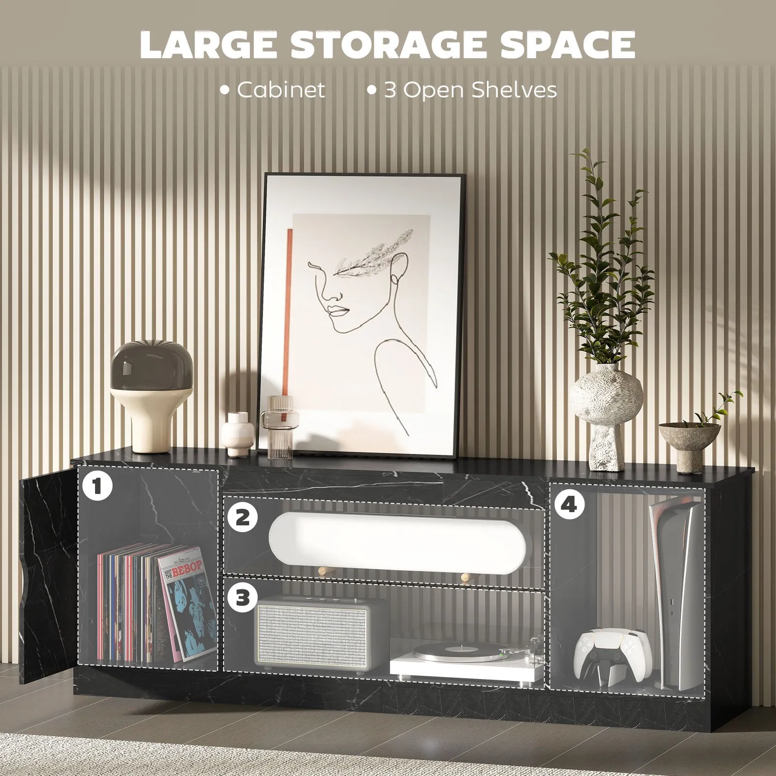HOMCOM Marble Effect TV Stand Cabinet with Glass Shelf for 55 Inch TVs in Black 5