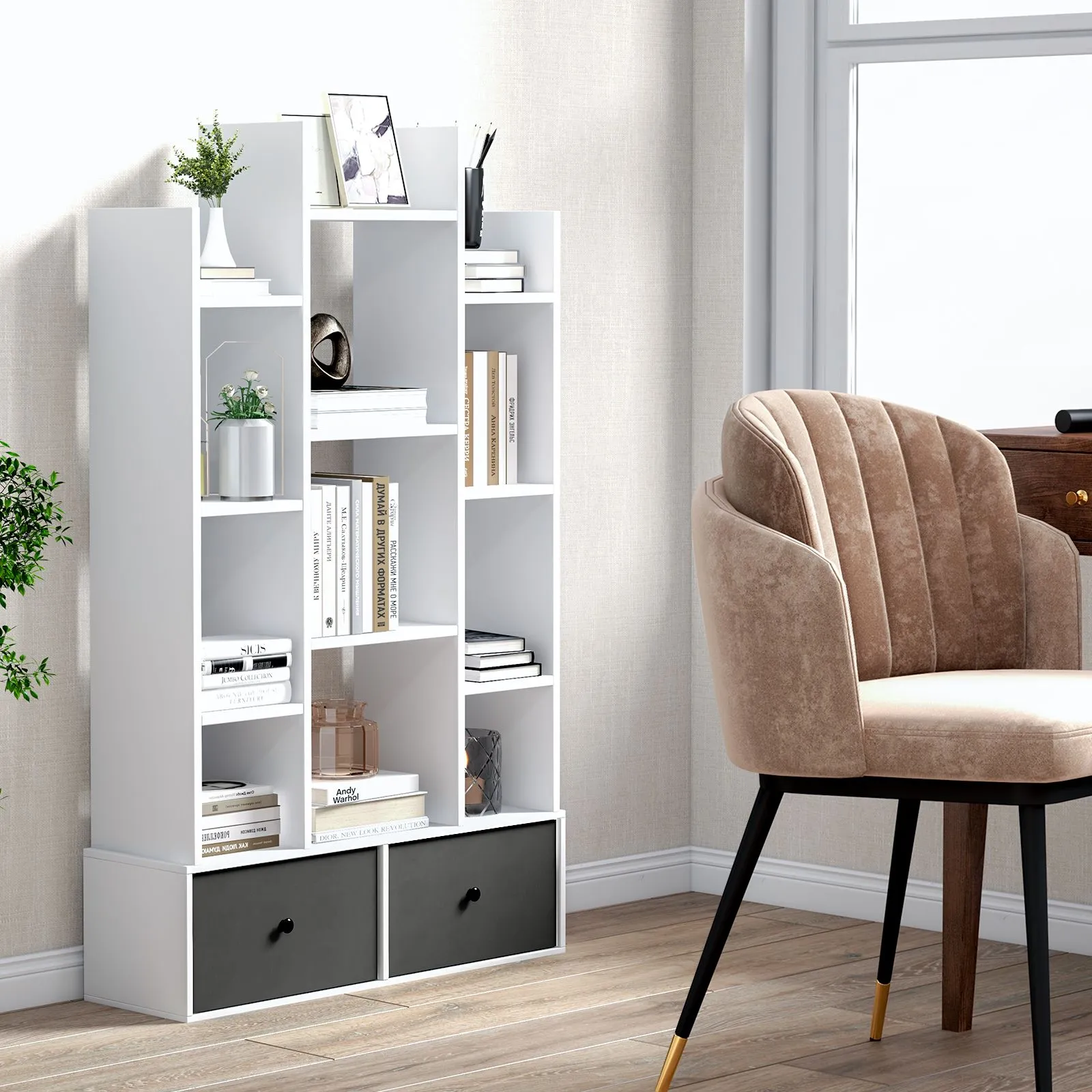 Costway 12 Tier Bookshelf Open Storage Wood Bookcase Organizer Display Shelf in White 2