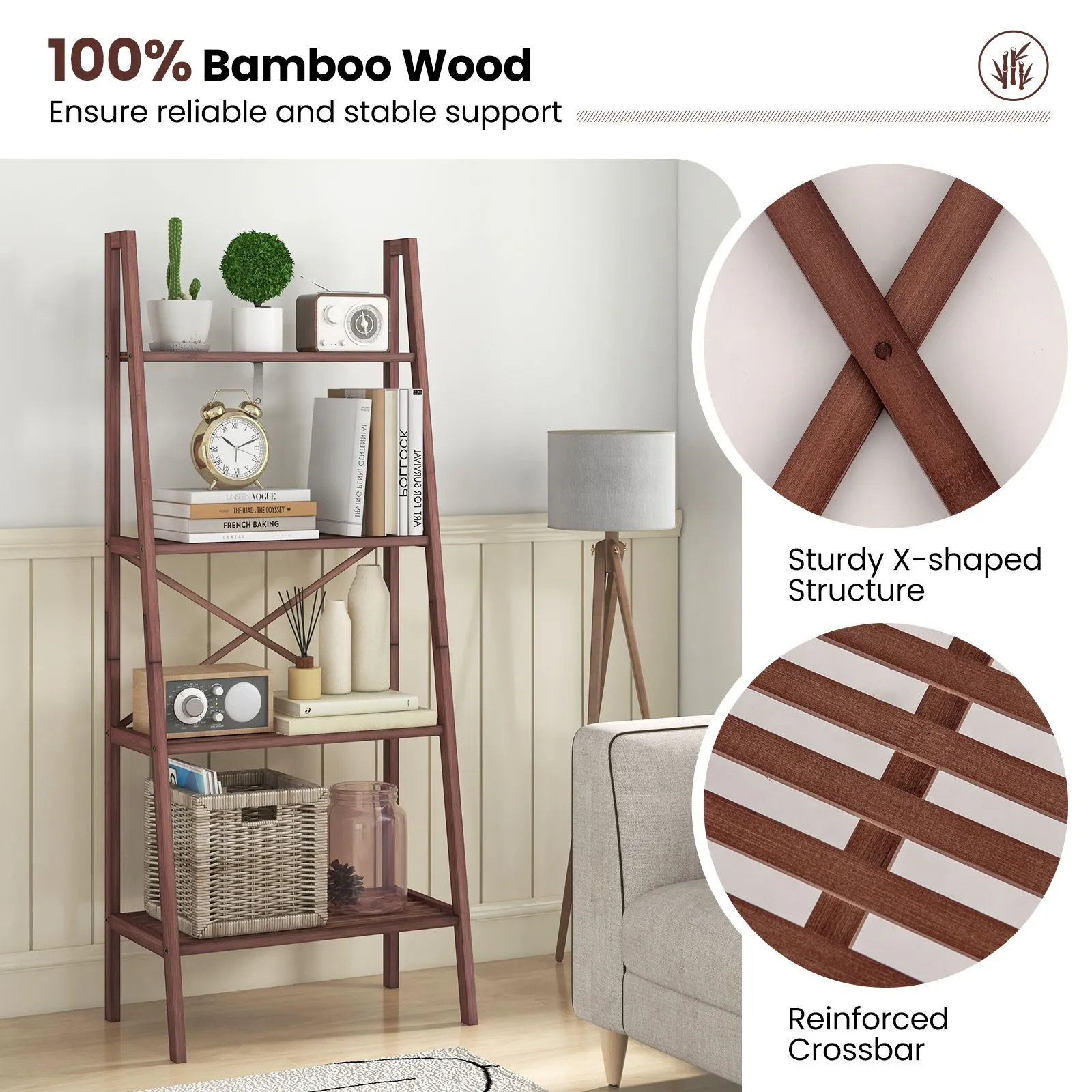 Costway Bamboo Ladder Bookshelf 4-Tier Freestanding Bookcase in Brown 4