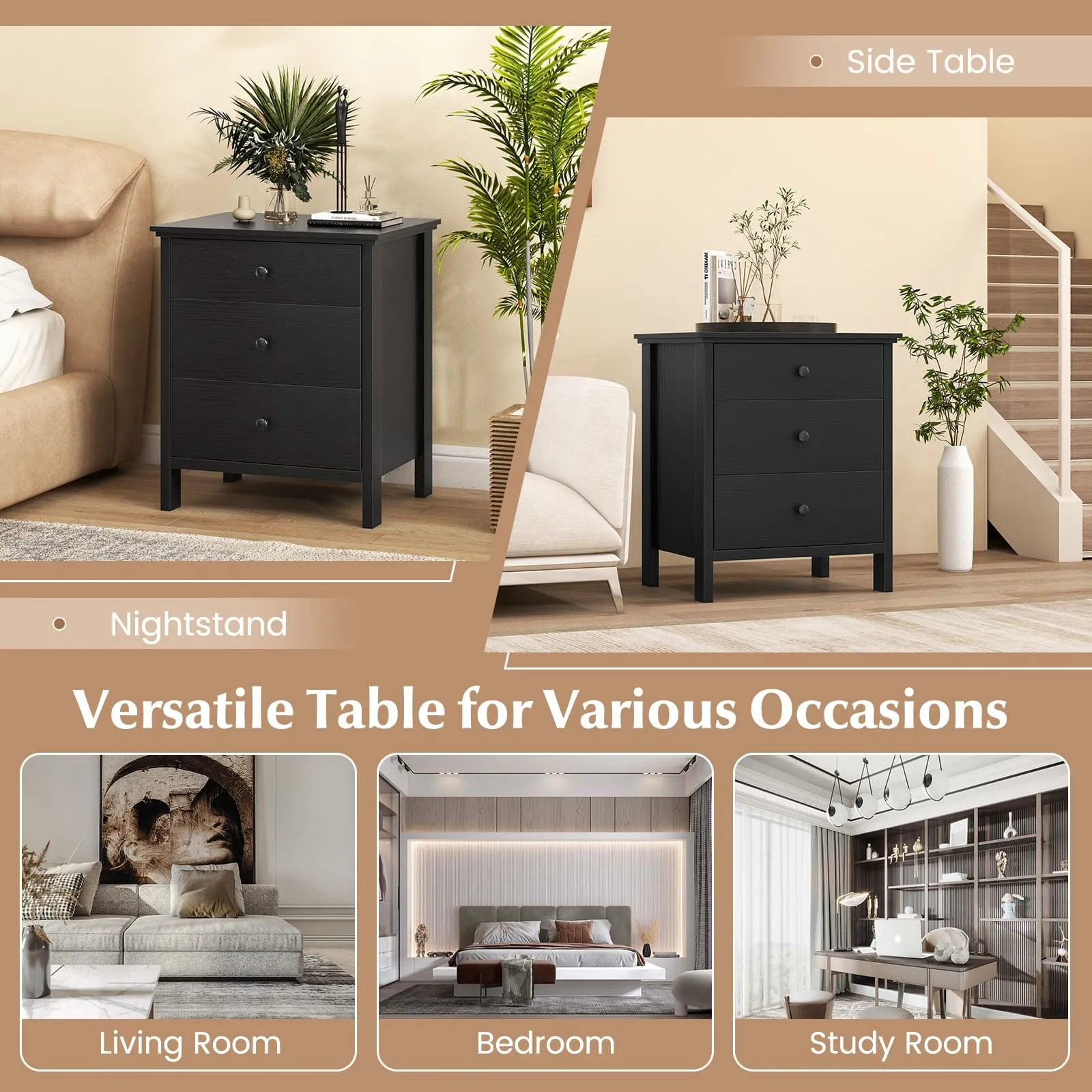 Costway Bedroom Nightstand Compact Storage Chest w/ 3 Drawer-Black in Black 3