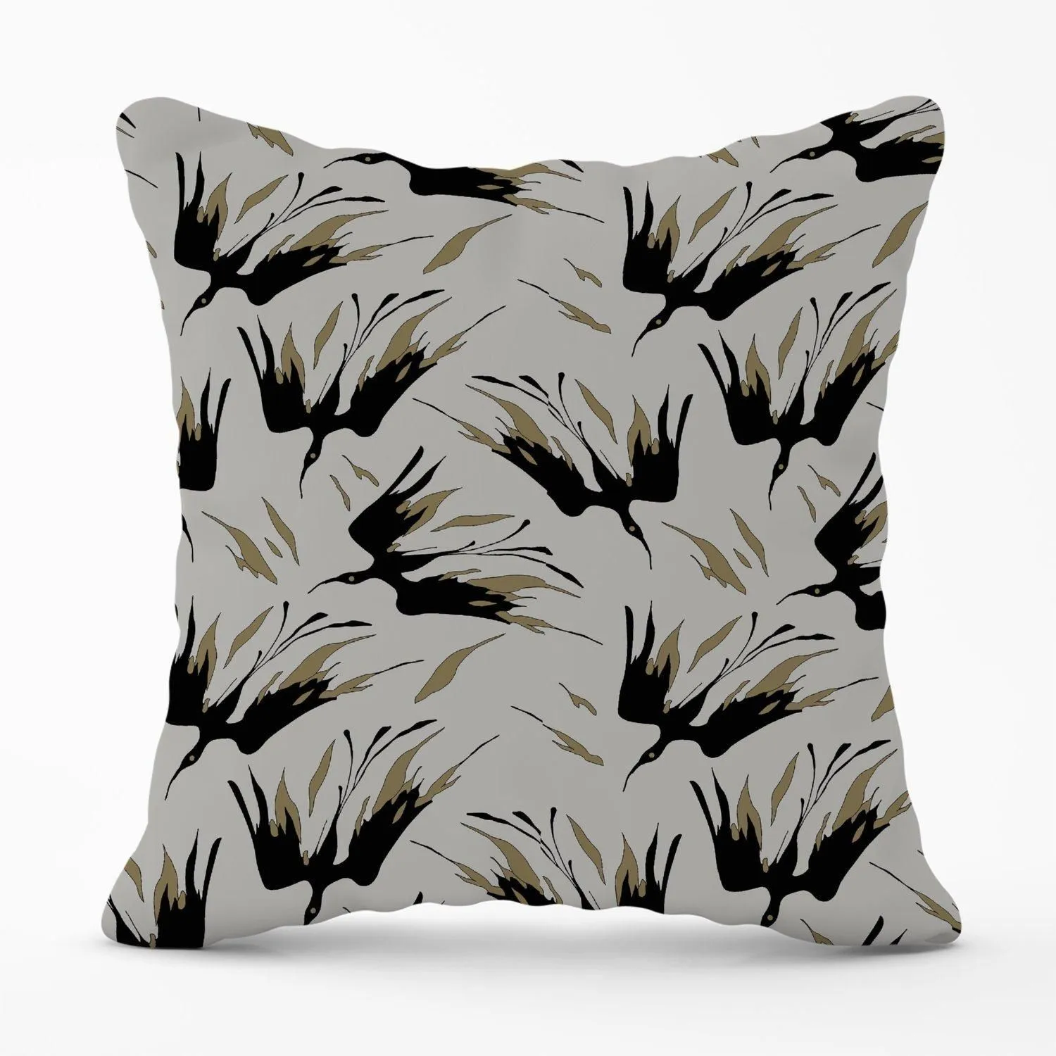 Warren Reed - Designer Black & Gold Fire Bird Silhouettes Outdoor Cushion in Grey