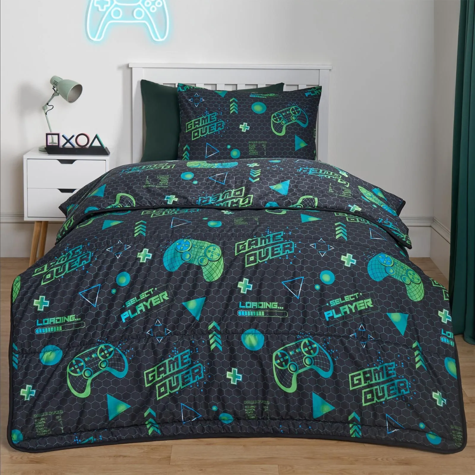 OHS Coverless 10.5 Tog Gaming Duvet Pillowcase Quilt Soft Warm Bedding Set in Black