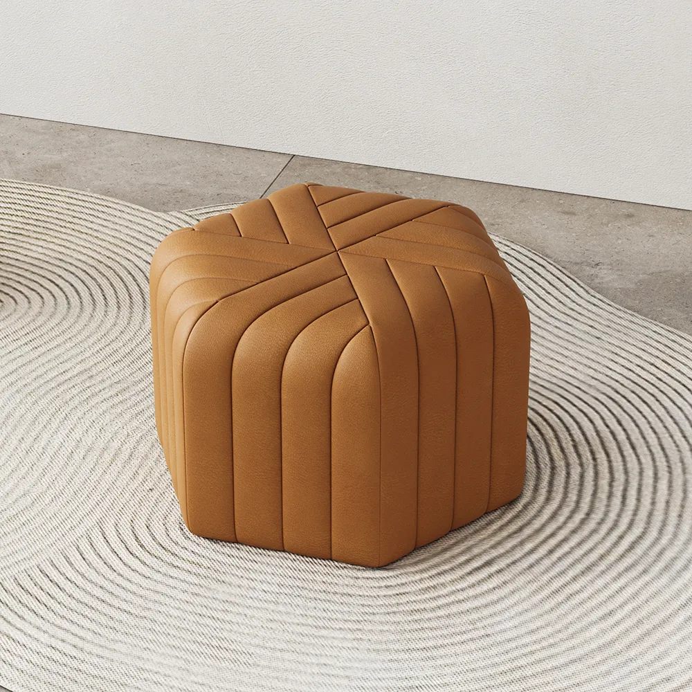 18.5" Wide PU Leather Pouf Ottoman Hexagonal Footrest Stool in Brown