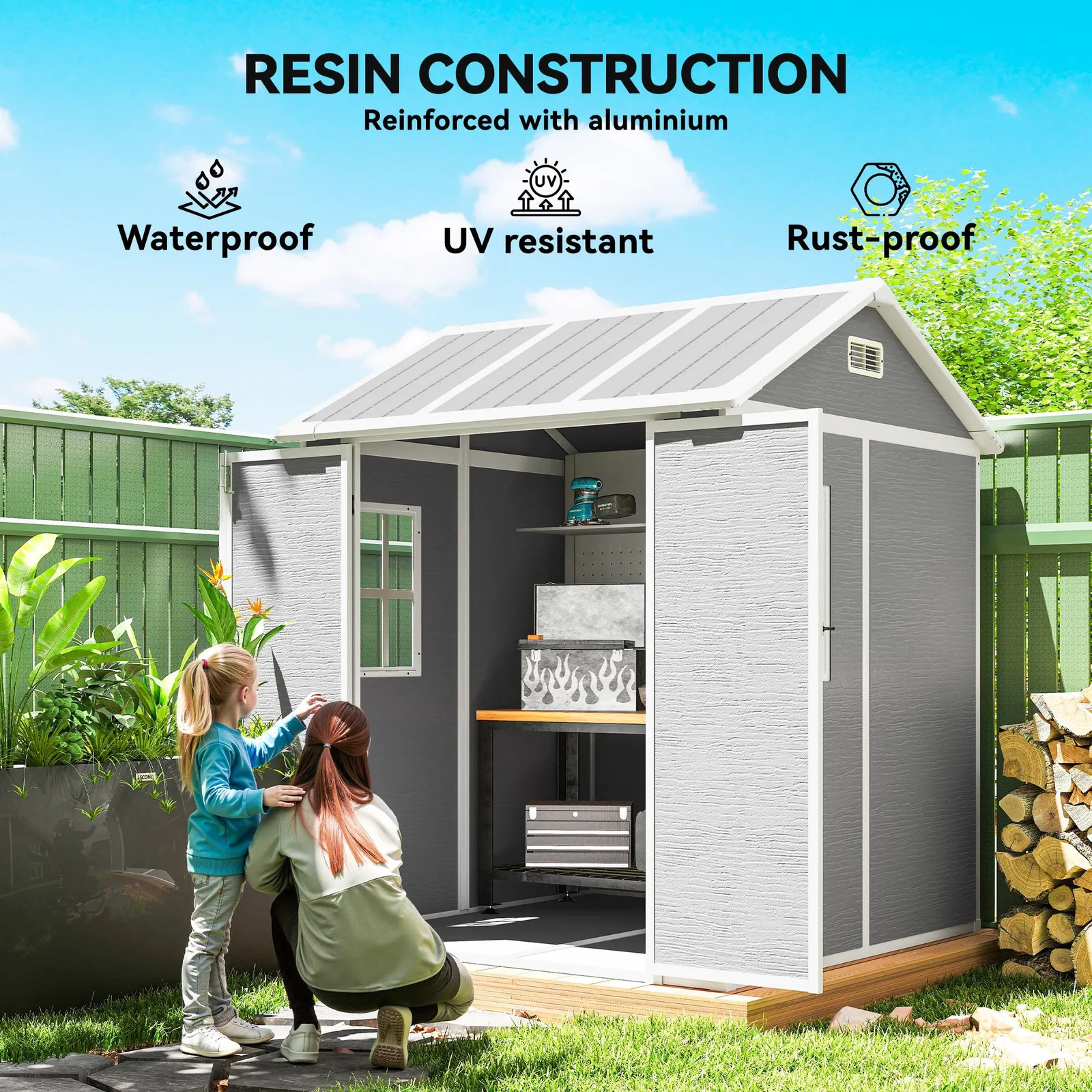 OUTSUNNY 6 x 6ft Plastic Garden Shed with Floor, Window, Vents, Grey 5