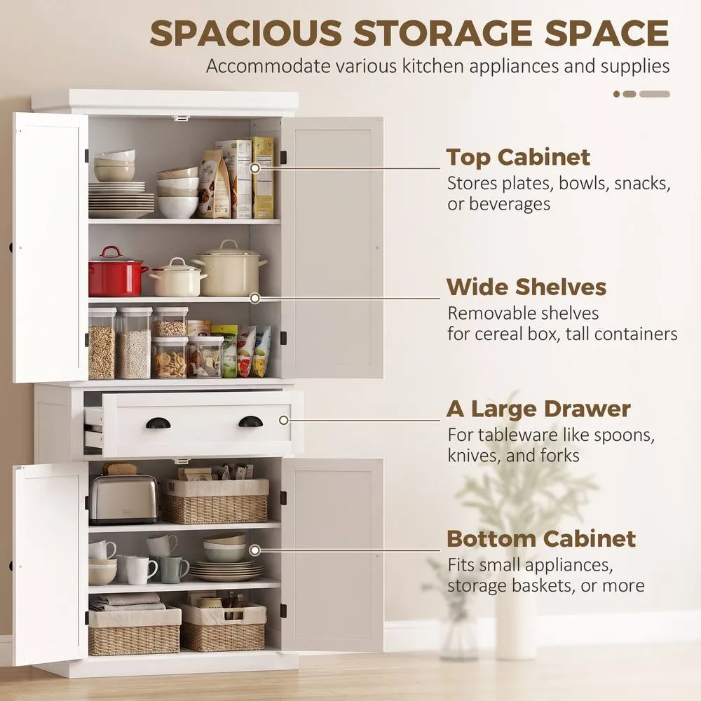 HOMCOM Tall Kitchen Cupboard, 183cm Freestanding Storage Cabinet with Drawer in White 4