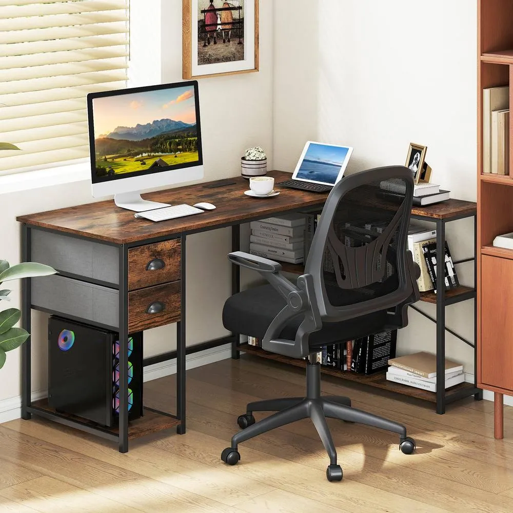 Costway L-Shaped Desk w/ Charging Station Desk w/ 2 Fabric Drawers in Brown 3