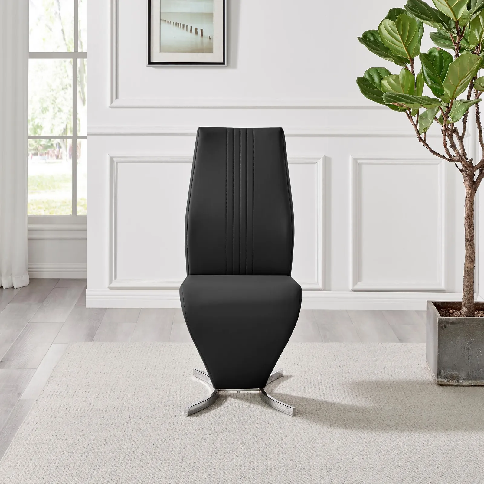 FurnitureboxUK Set of 2 Willow Contemporary Z Shaped Faux Leather Dining Chairs With Silver Chrome Metal Legs in Black 4