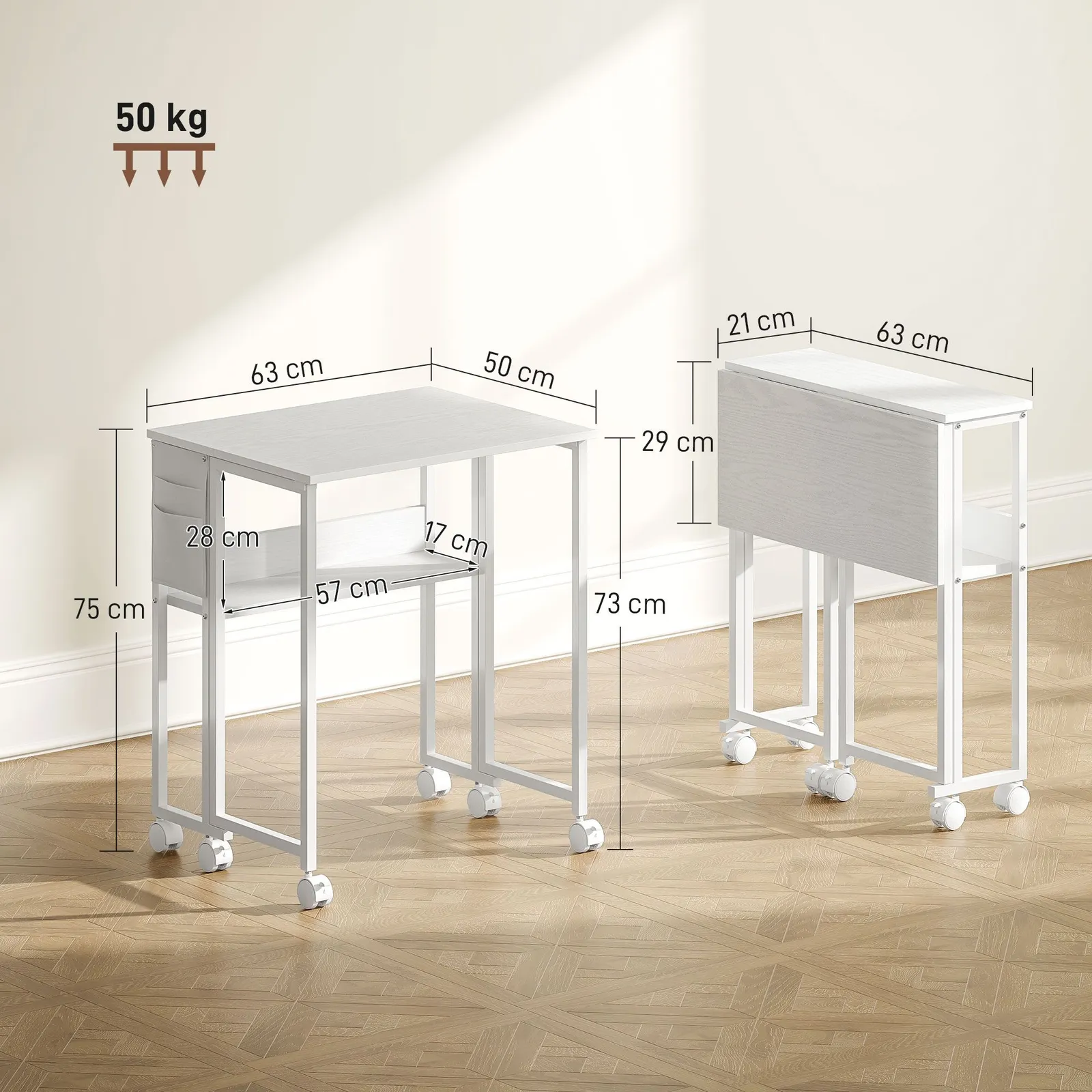 HOMCOM 63 cm Foldable Computer Desk on Wheels for Small Spaces White 3
