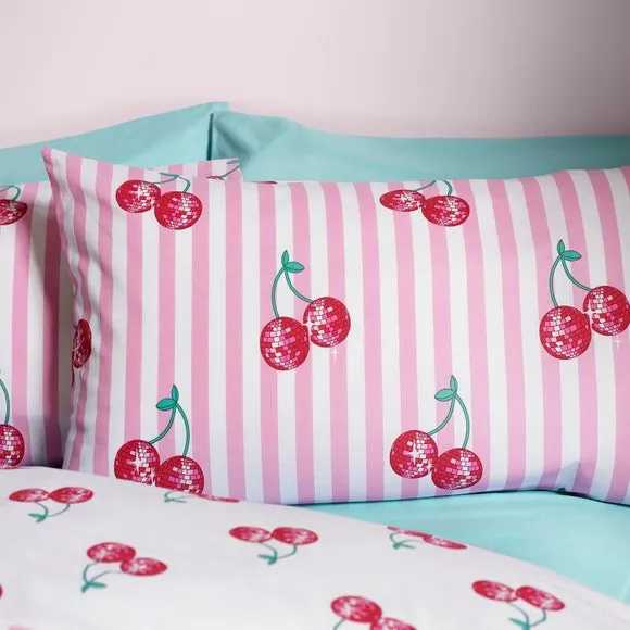 Catherine Lansfield Disco Cherries Stripes Polycotton Duvet Cover & Pillowcase Set 2