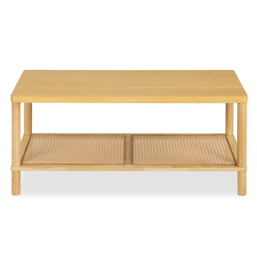 Costway Boho Coffee Table for Living Room Rubber Wood Rectangular Center Table in Natural