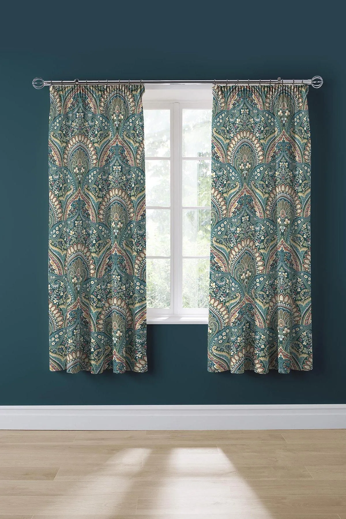 Dreams & Drapes 'Palais' Lined Pair of Pencil Pleat Curtains With Tie-Backs in Teal