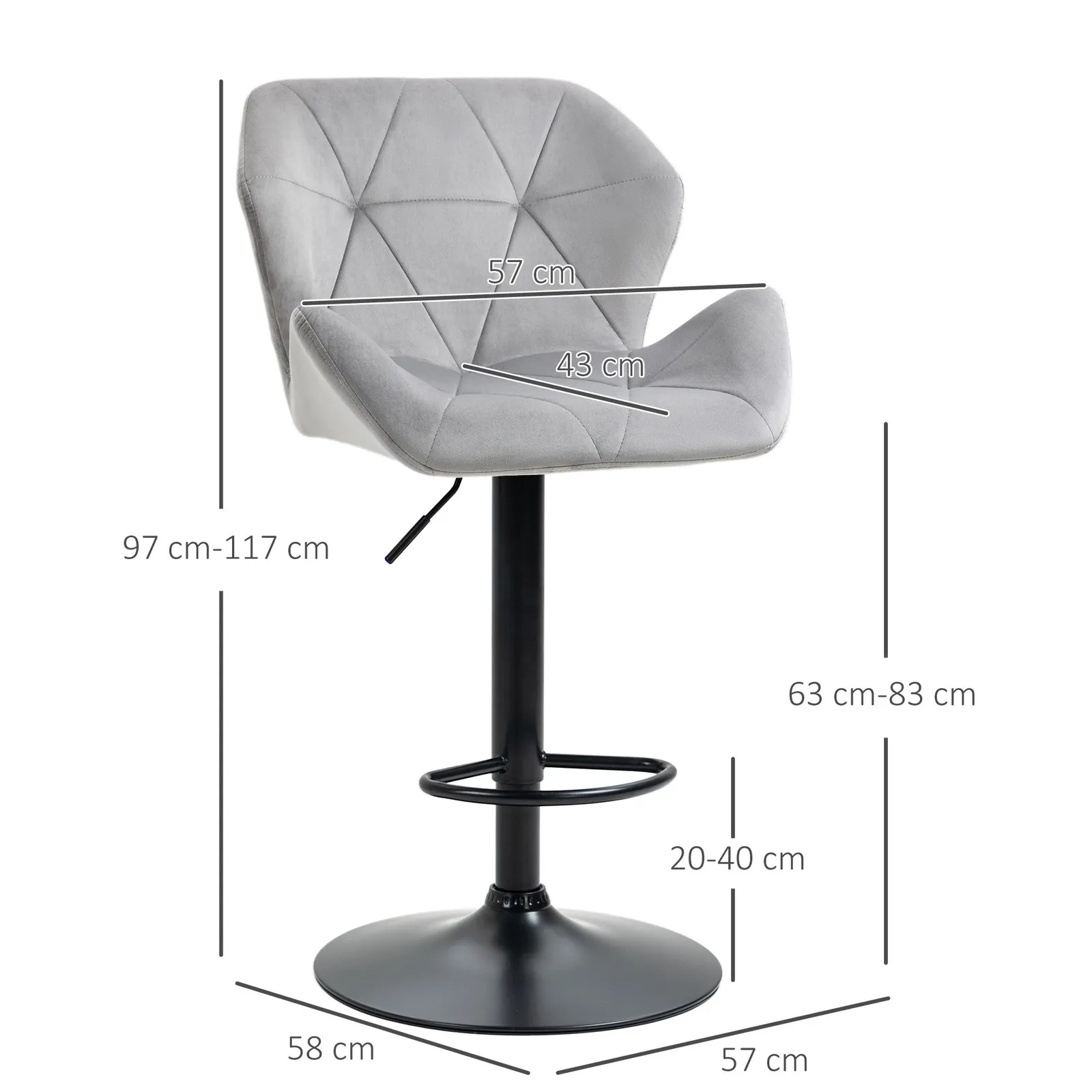 HOMCOM Of 2 Luxurious Velvet-Touch Bar Stools w/ Metal Frame Footrest Base in Grey 3