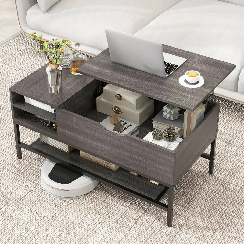 Costway Lift Top Coffee Table Living Room Center Table W/ Removable Shelf in Grey