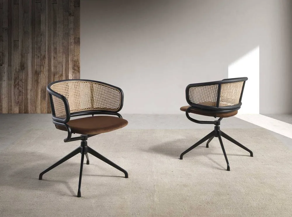 Angel Cerda Brown Velvet & Rattan Swivel Dining Chair Armrests 3