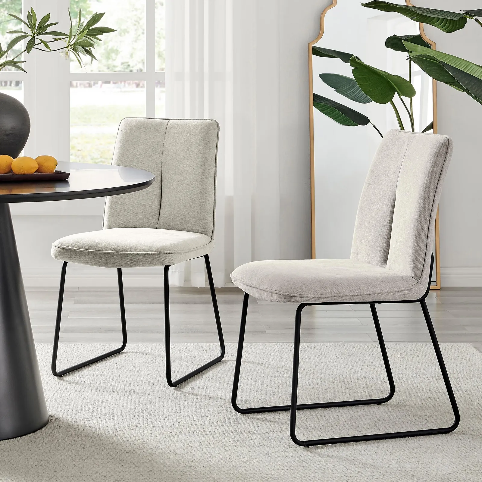 FurnitureboxUK Set of 2 Modern Chic Deep Padded Soft & Durable Stitched Fabric & Black Powder Coated Metal Leg Dining Chairs in Taupe