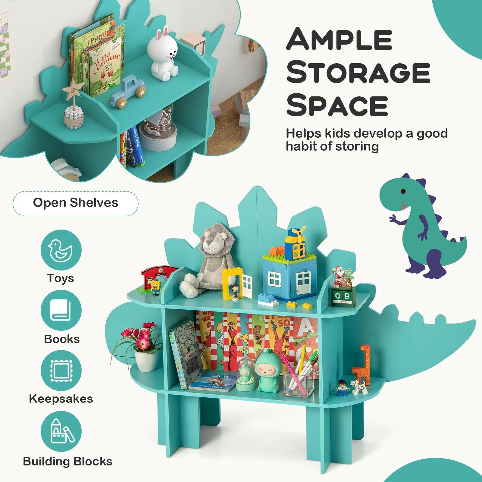 Costway Dinosaur Bookcase 2-Tier Toy Storage Organizer Wooden Bookshelf in Green 6