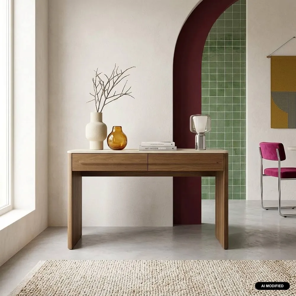 sweeek Console with wood decor & travertine effect top, 2 drawers, 120cm in Dark Brown