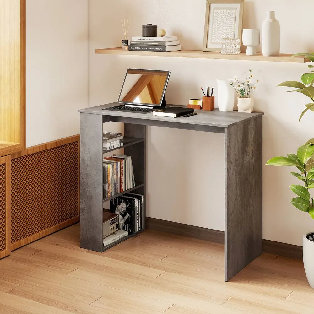 Costway Computer Desk 90cm Study Desk Wooden Writing Desk w/Bookshelf in Grey 6