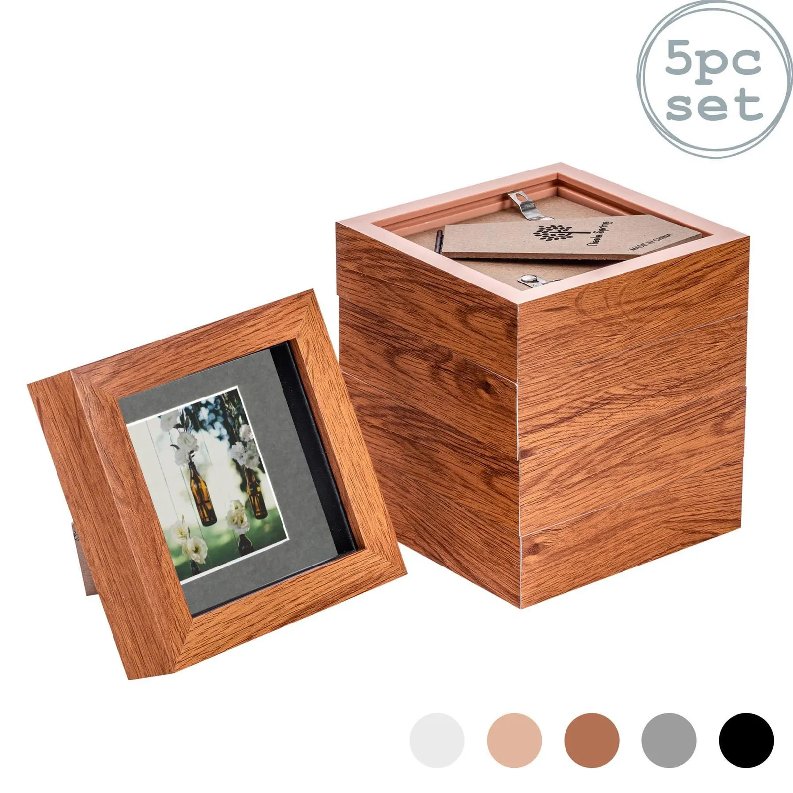 Nicola Spring 3D Box Photo Frames - 4 x 4" with 2 x 2" Mount - White Mount - Pack of 5 in Dark Brown