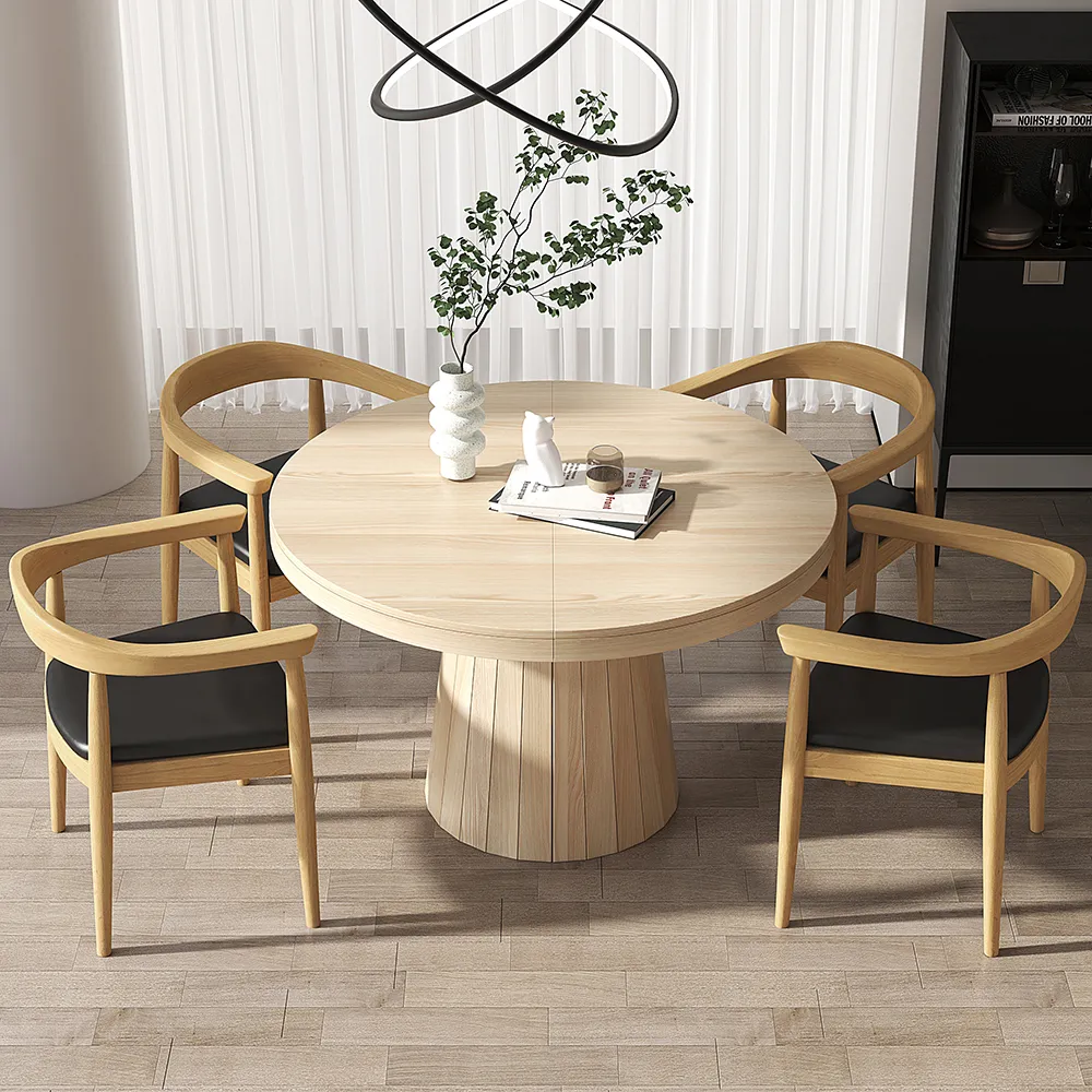 Extendable Dining Table Set 39"-55" Japandi Dining Table & 4 Wood Dining Chairs