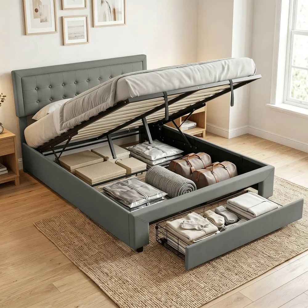 HOMCOM PU Leather King Bed Frame with Storage & Adjustable Headboard, Grey