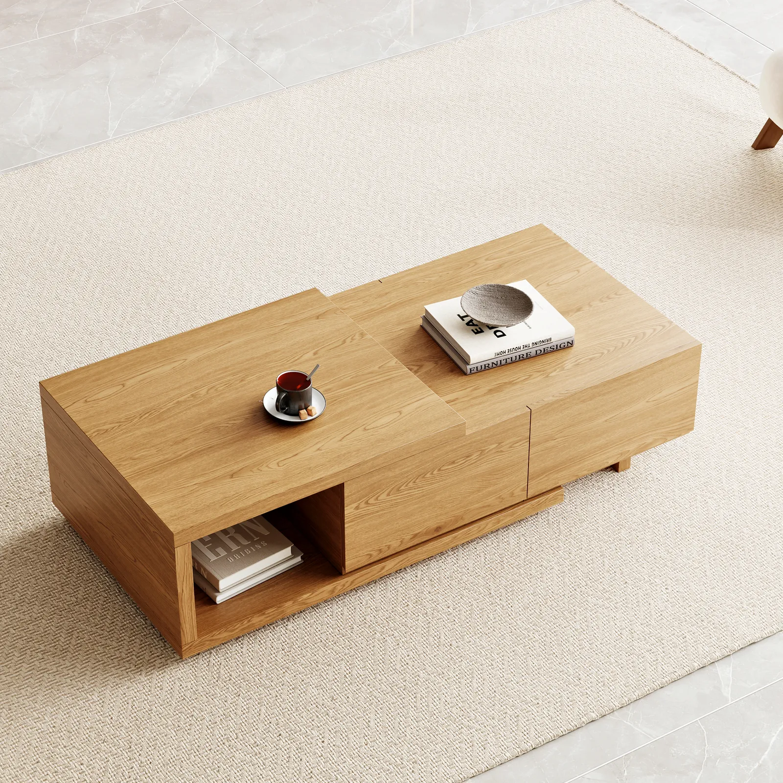 Quoint 175 cm Modern Natural Coffee Table Retracted & Extendable with 2-Drawer