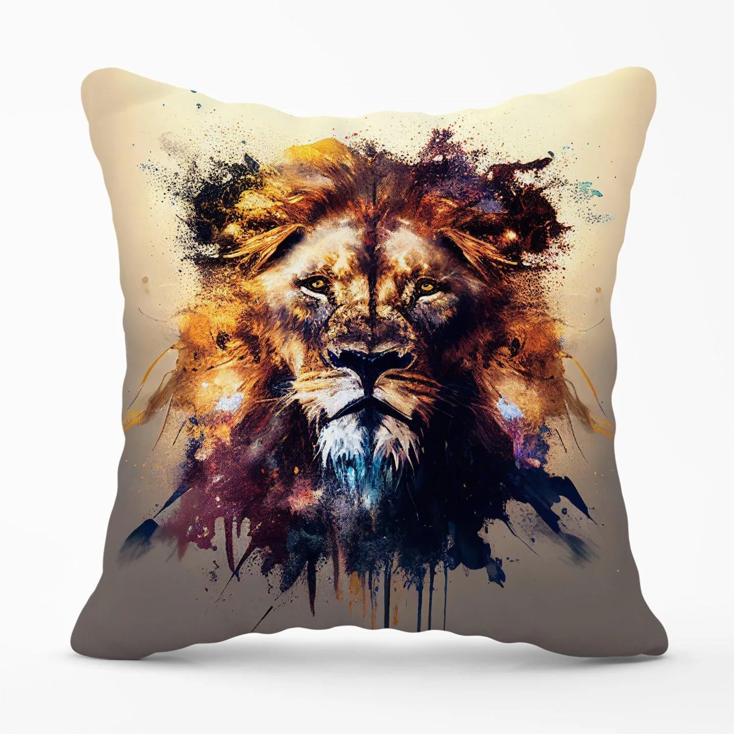 Warren Reed - Designer Majestic Lion Face Splashart Outdoor Cushion in Brown