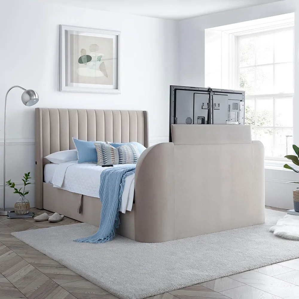 Luther - King Size - Electric Winged Ottoman Storage TV Bed - Warm Stone - Velvet - 6ft - Happy Beds 1