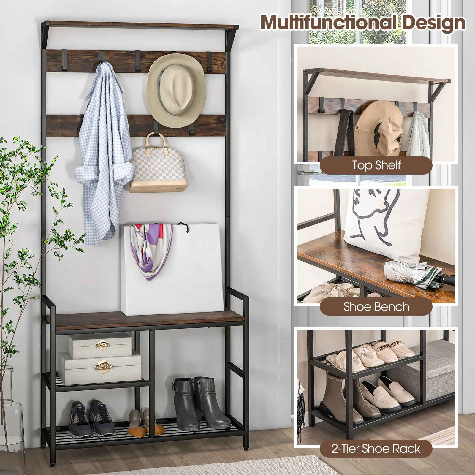 Costway 3-in-1 Coat Rack Hall Tree with Shoe Bench & Shoe Storage in Brown 5