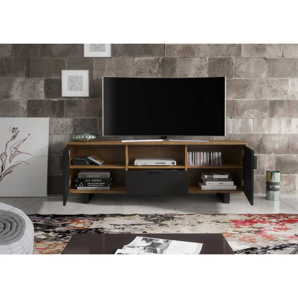 Creative Furniture Blackridge TV Unit 160cm - Dark Oak with Black Fluted Doors & Drawer in Brown 3