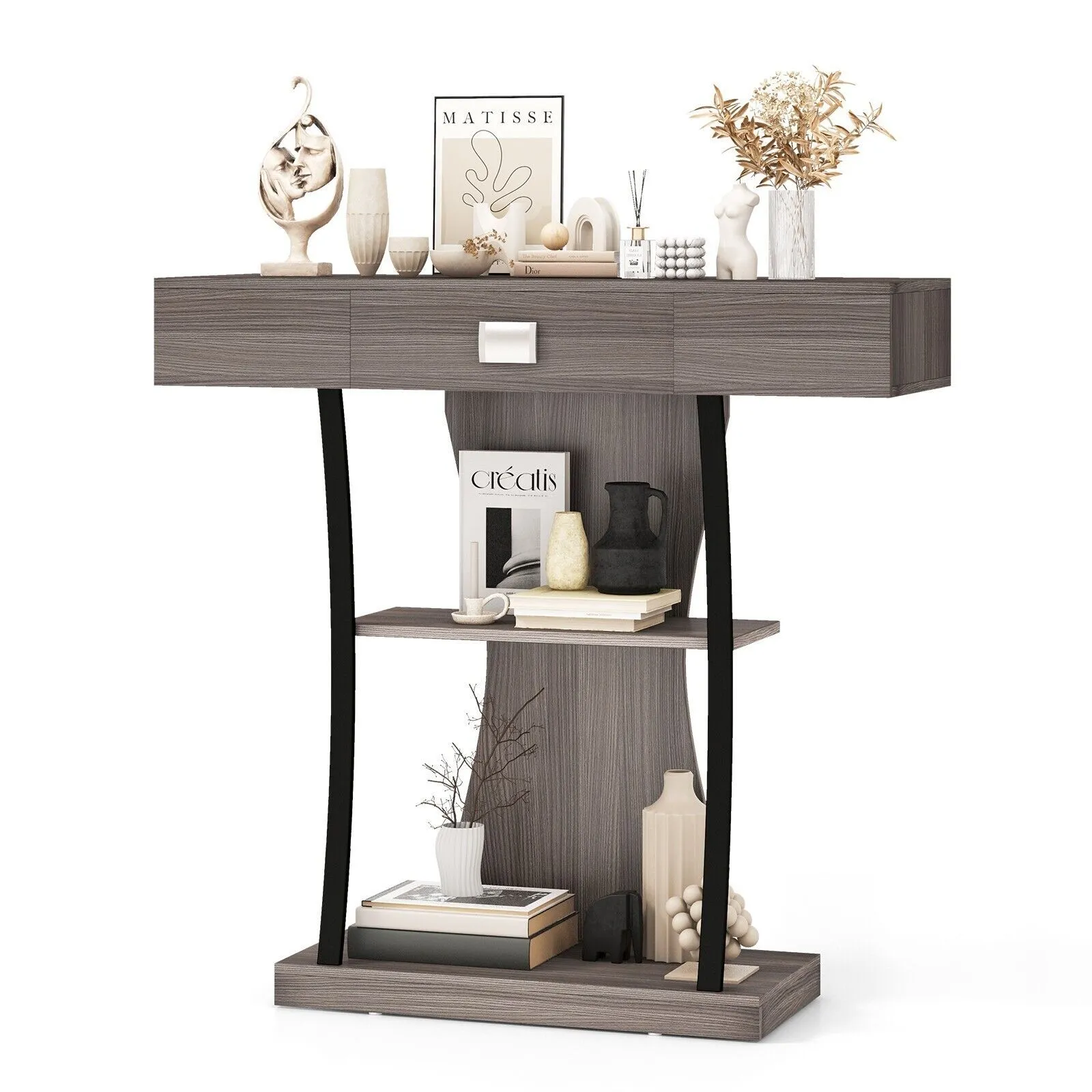 Costway T Shaped Industrial Console Table Narrow Sofa Side Table Entryway Display Shelves in Grey