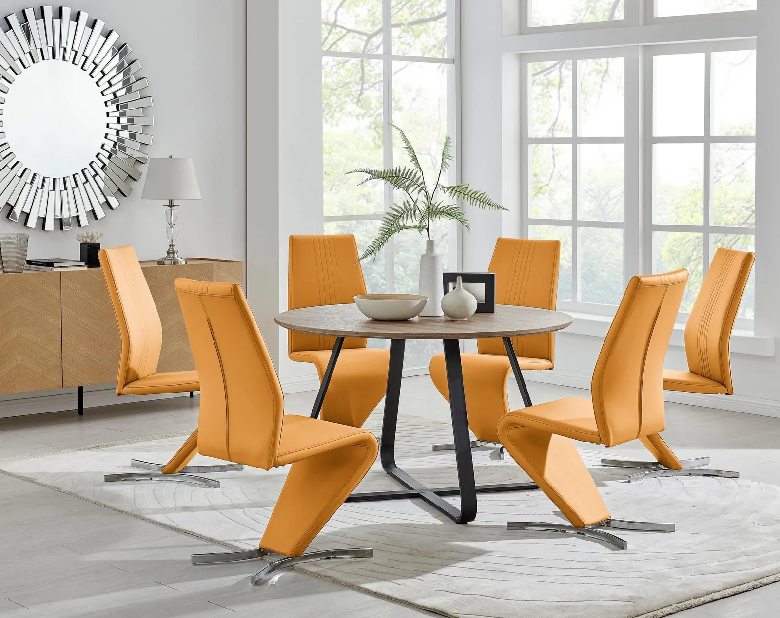 FurnitureboxUK Santorini Brown Wood Effect Dining Table & 6 Willow Chairs in Mustard 1