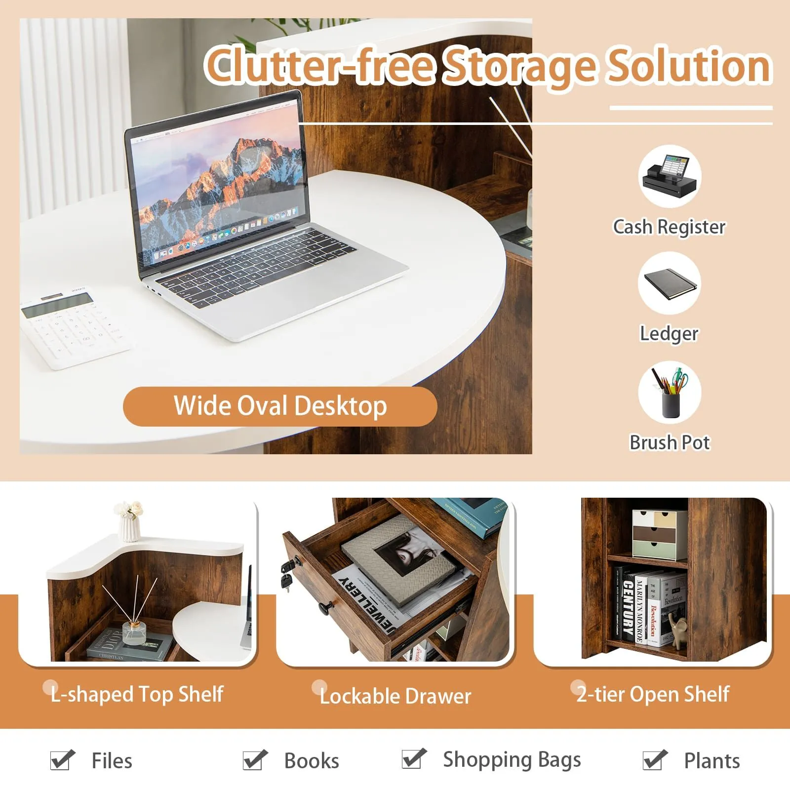 Costway Reception Desk Front Counter Desk w/ Lockable Drawer in White 3