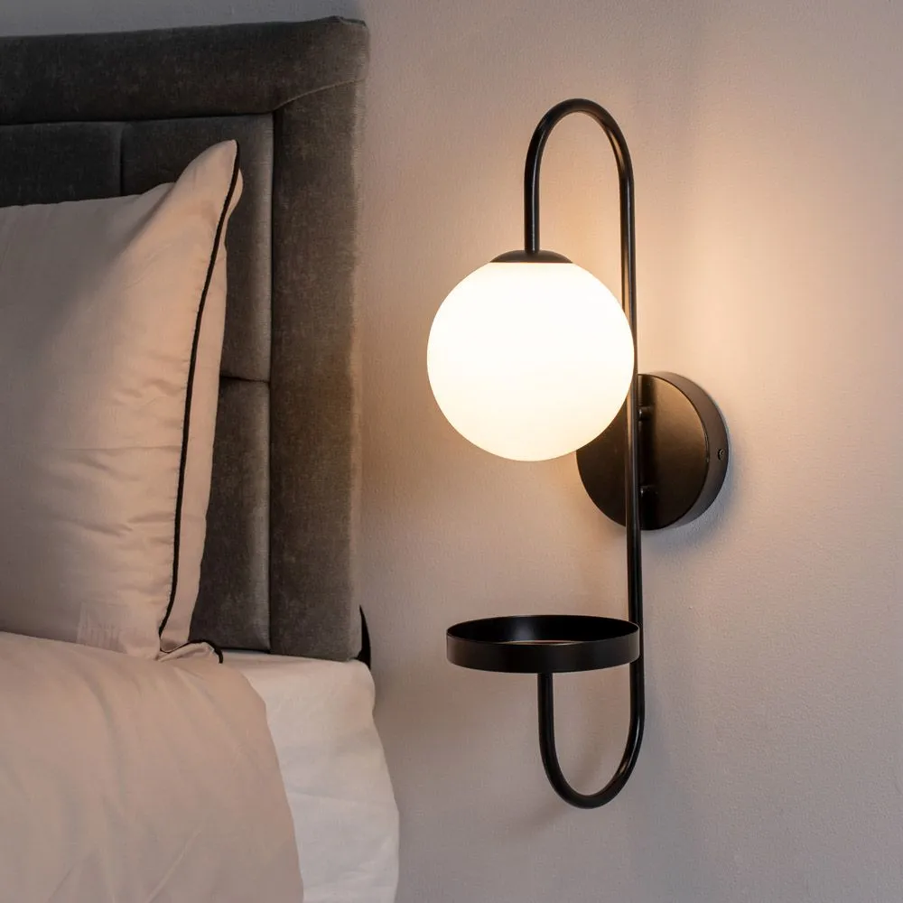 ValueLights Milo Frosted Glass Globe Shade Curved Wall Light with Shelf & LED Bulb in Black 1