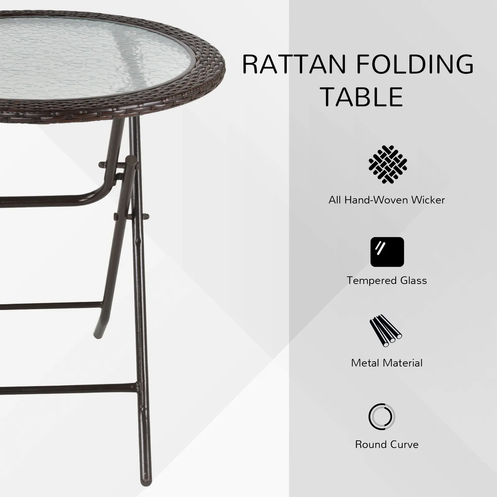 OUTSUNNY Folding Round Tempered Glass Metal Table with Brown Rattan Edging 4