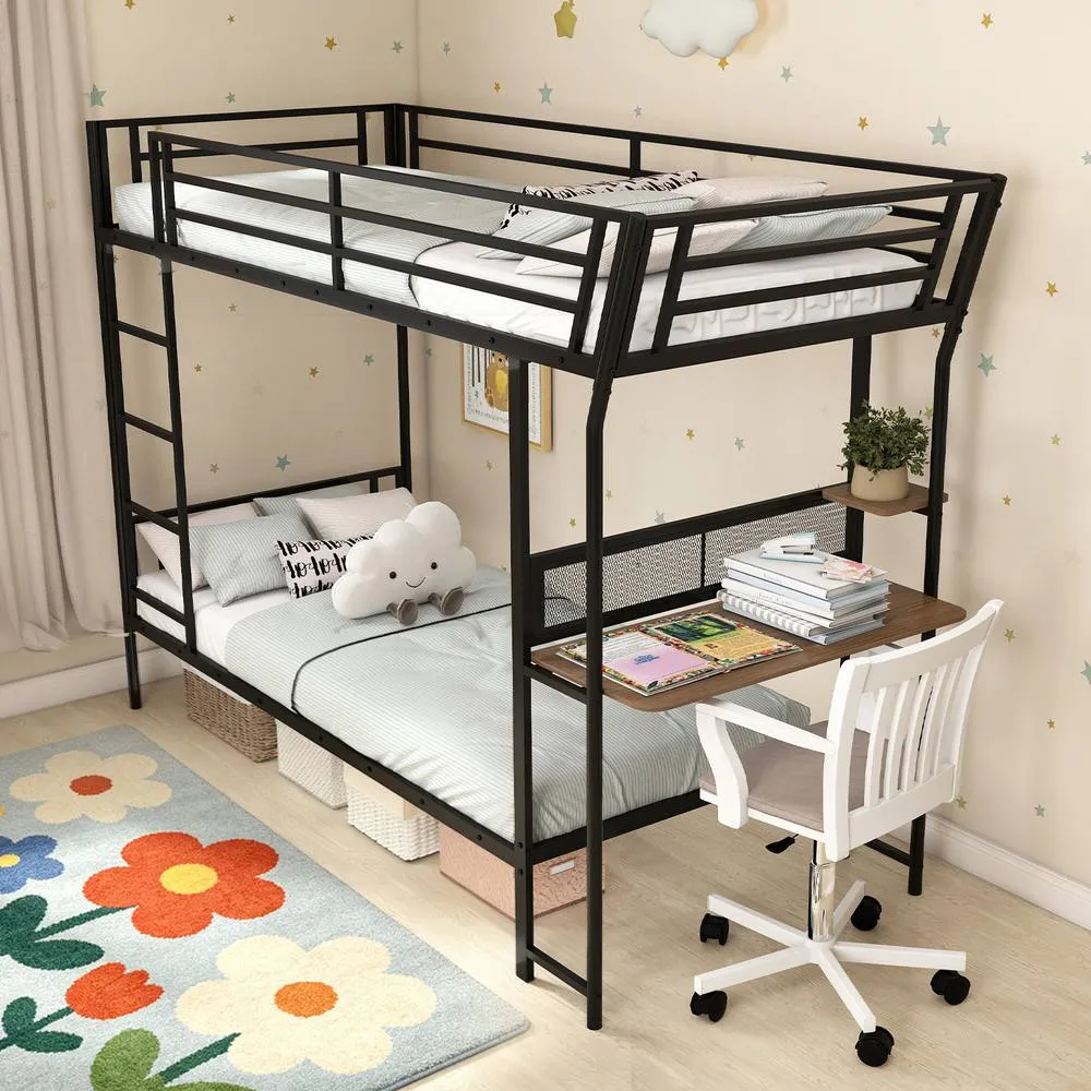 Costway Bunk Bed Single over Single Loft Bed with Wooden Tabletop & Shelf in Black
