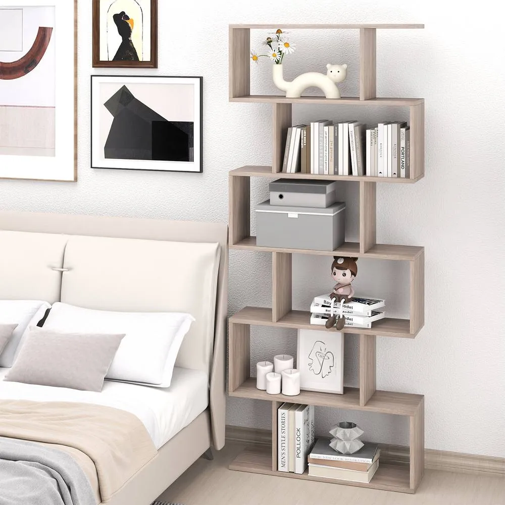 Costway 6-tier Bookcase S-Shaped Bookshelf Wooden Storage Display Rack in Light Oak 6