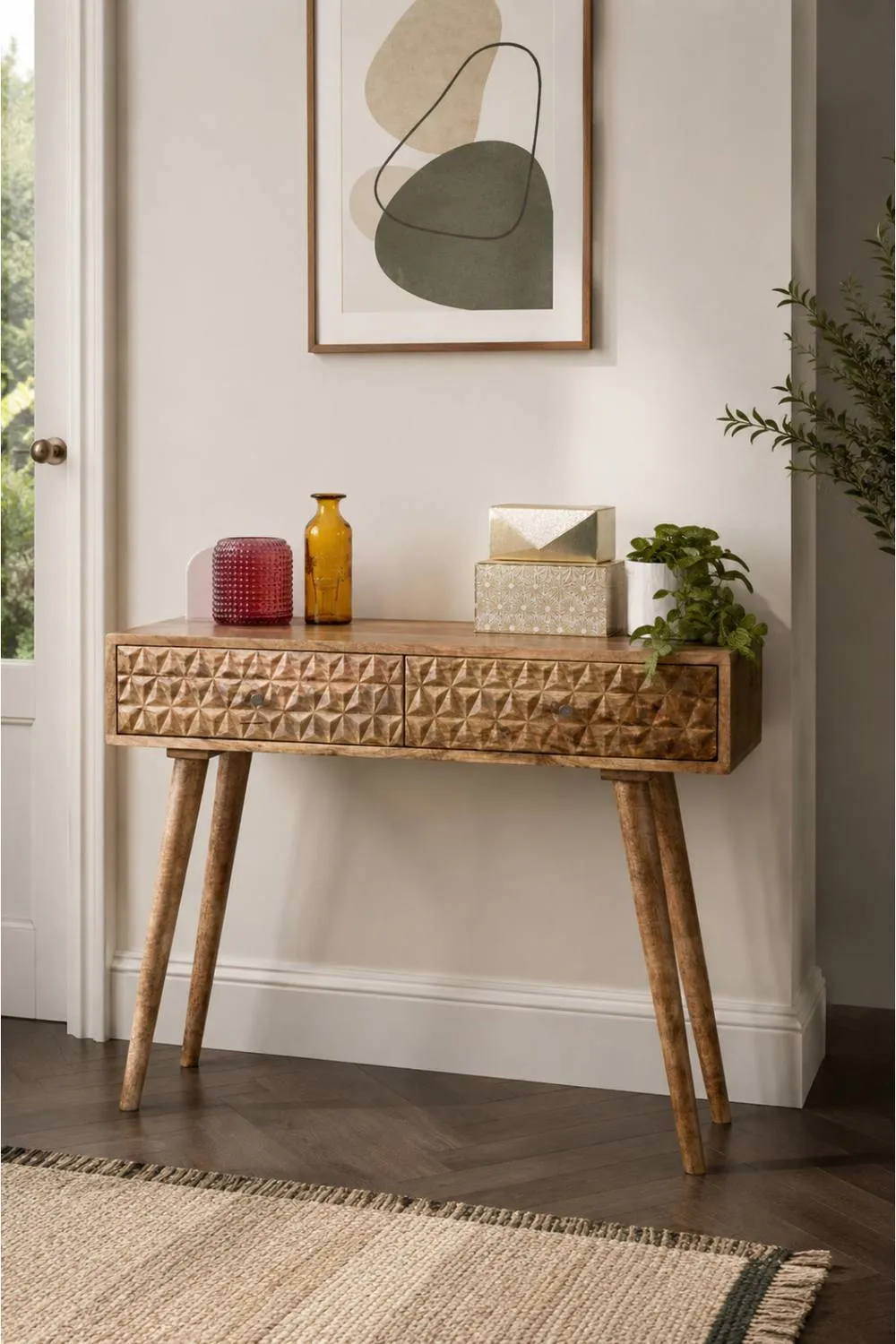 IH Design Cliddesden Solid Mango Wood Console Table with 2 Drawers in Natural