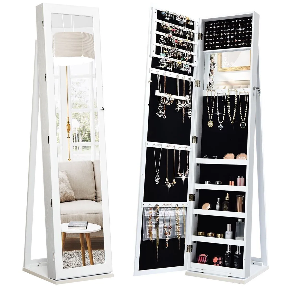 Costway 3in1 Jewelry Cabinet FullLength Mirrored Jewelry Armoire Jewelry Organizer in White