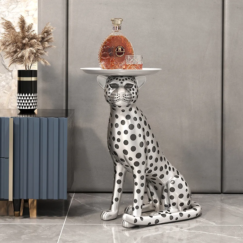 Luxury Silver Leopard Accent Side Table with Tray Top Resin Panther End Table Drink Table