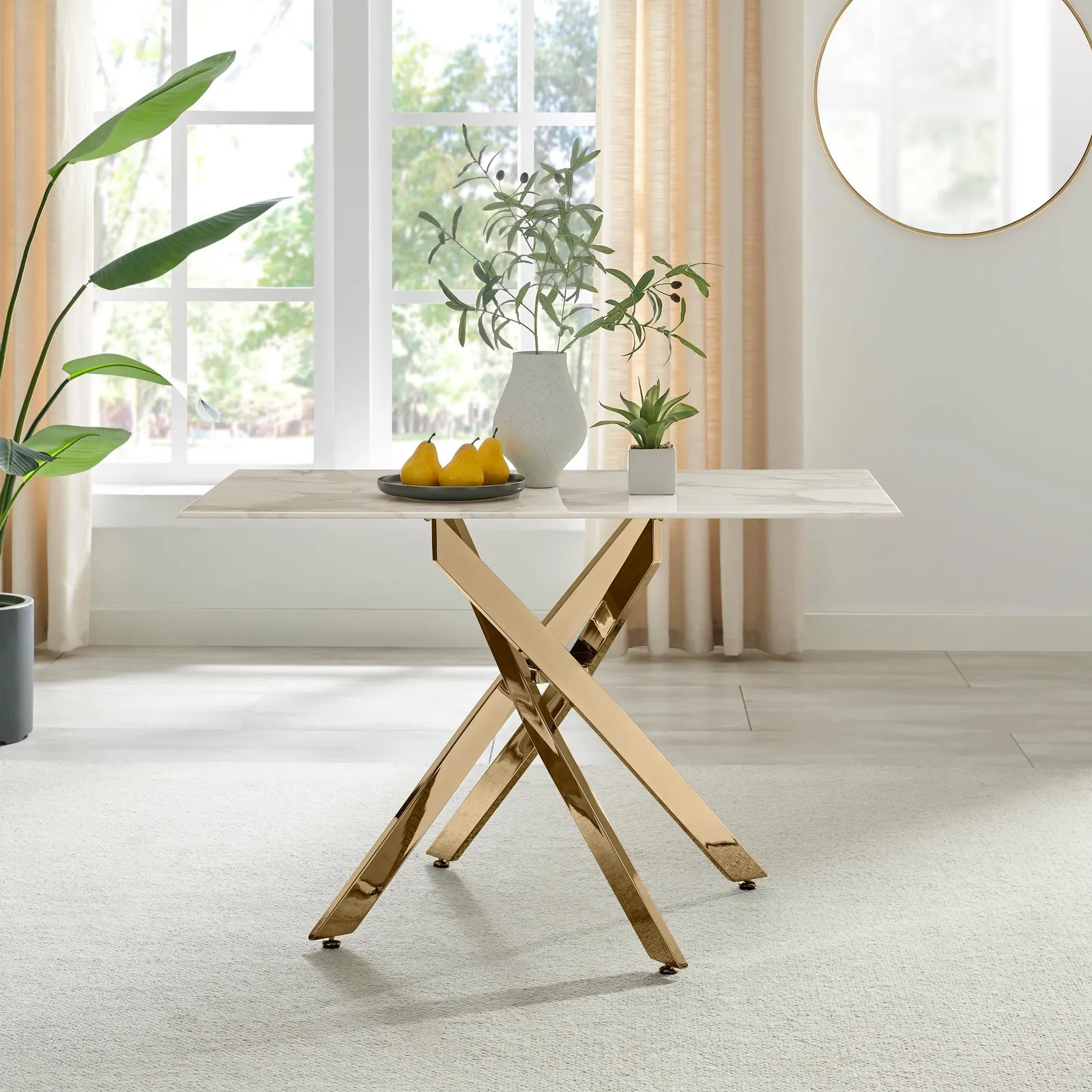 FurnitureboxUK Leonardo 4-Seater Dining Table With Marble Effect Glass Top & Gold Metal Legs in White