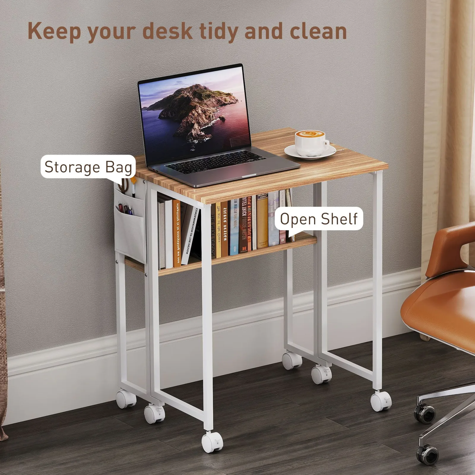 HOMCOM 63 cm Foldable Computer Desk on Wheels for Small Spaces Natural 5