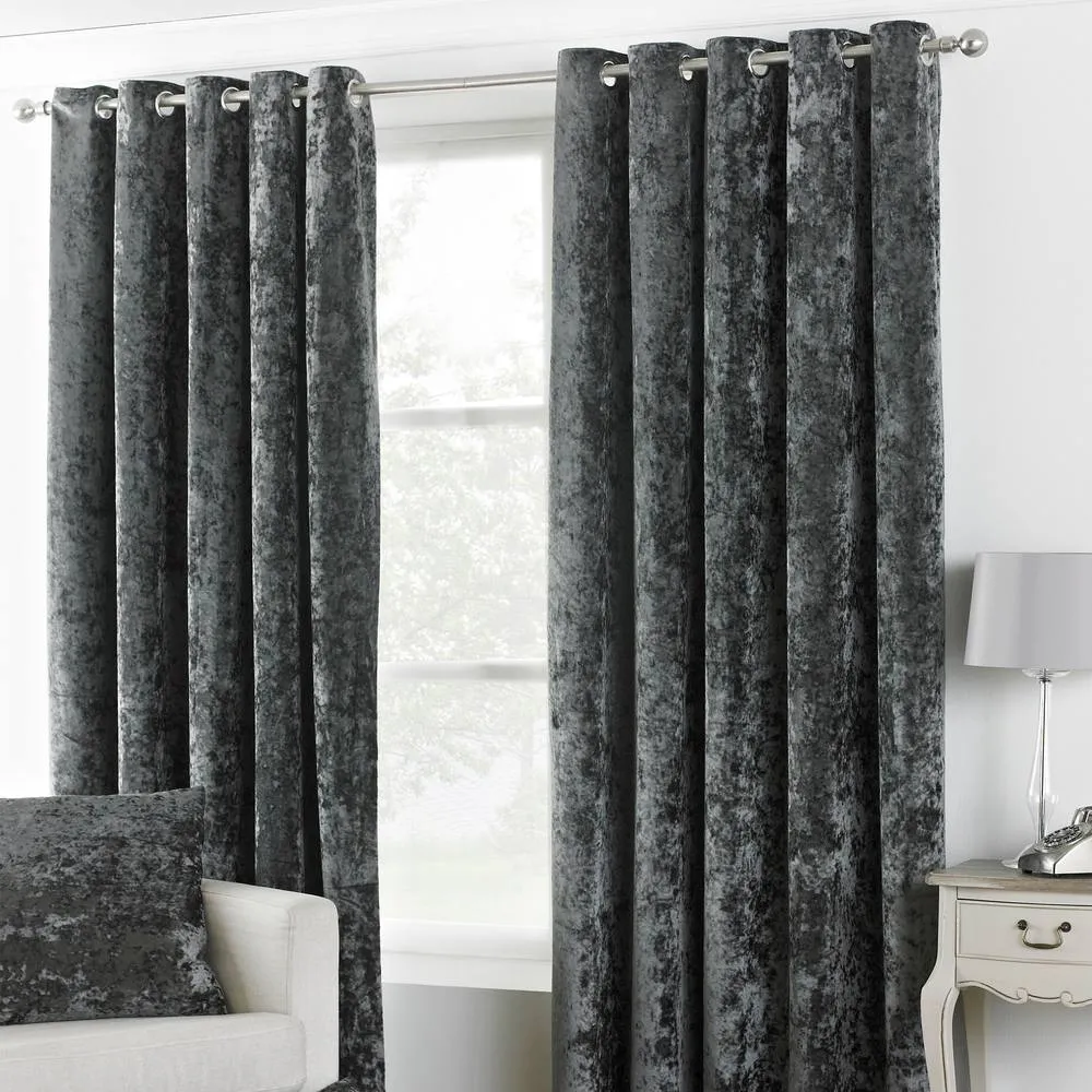 Paoletti Verona Crushed Velvet Eyelet Curtains in Metallic Silver 1