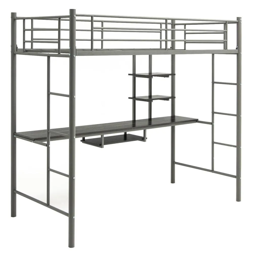 Costway 3.5FT Single Metal Loft Bed Frame High Sleeper Bunk Bed W/ Desk Storage Shelves in Silver