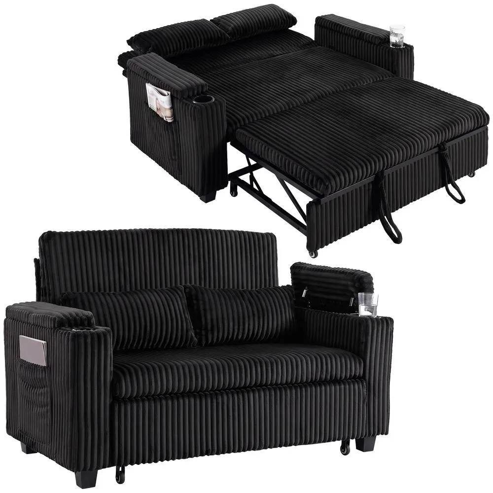 HOMCOM 2 Seater Sofa Bed, 3-in-1 Corduroy Pull Out Sleeper Sofa, Black