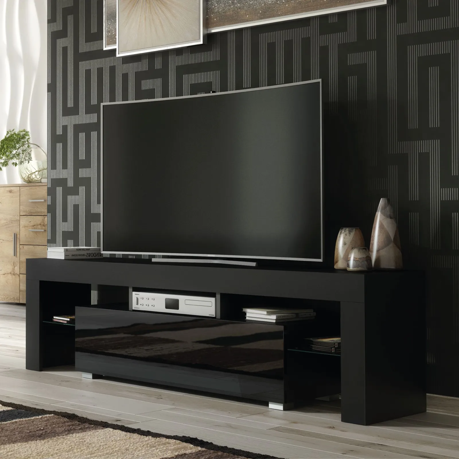 Creative Furniture TV Unit 160cm Stylish Modern - Black with High Gloss Doors 6