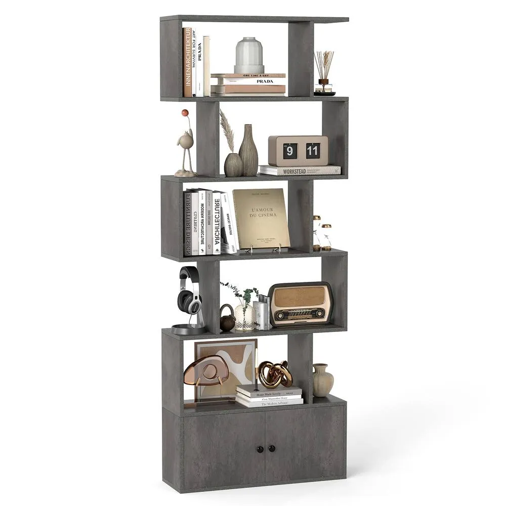 Costway 6-Tier Bookshelf w/ Cabinet S-Shaped Bookcase Shelf Storage Organizer in Grey