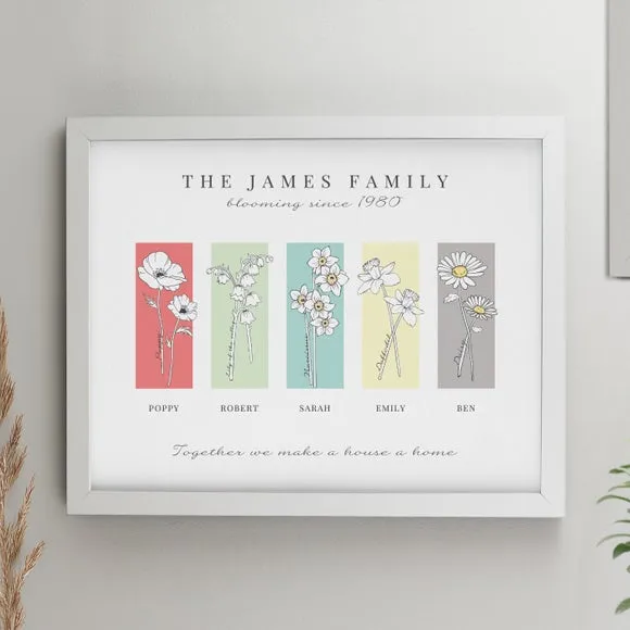 Personalised Birth Flower Family of 5 Framed Print