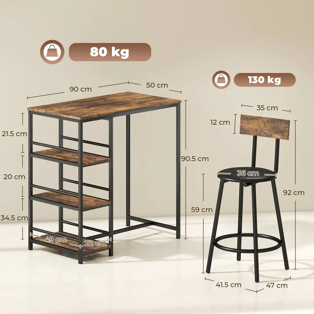 HOMCOM Space Saving Bar Table & PU Leather Stools for 2, Rustic Brown 3