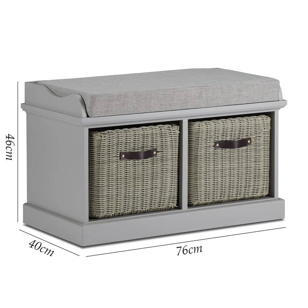 Statement Furniture Tetbury Bench with 2 Grey Faux Rattan Baskets & Grey Cushion in Light Grey 2